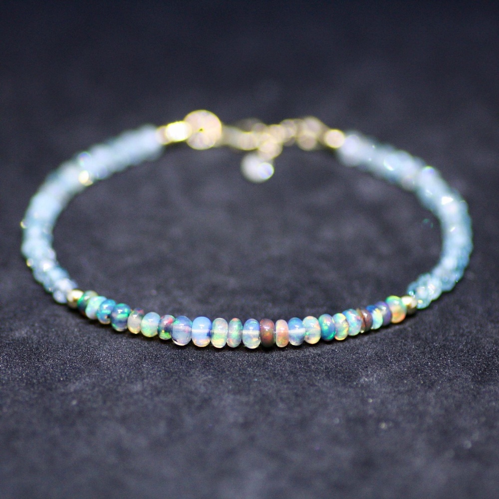 New Natural Blue Zircon Black Opal Bracelet Solid 14k Gold , 7.2" - 7.6"